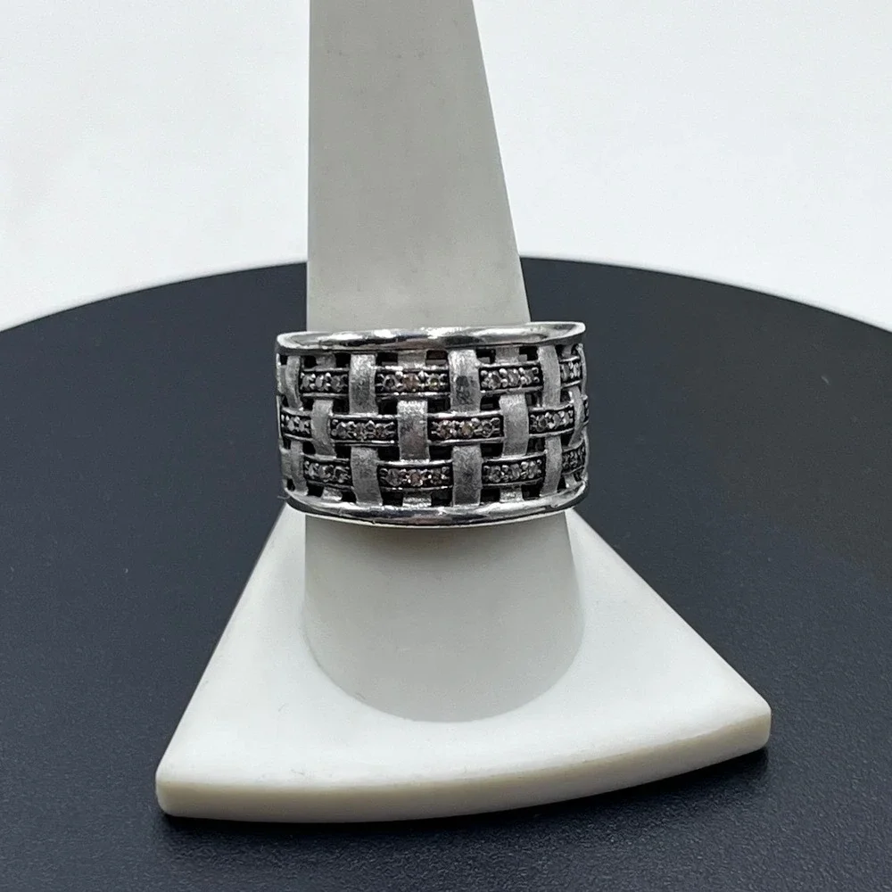 EFFY Sterling Silver Genuine Daimond Basket Weave Ring Mens Womens 10.5 unisex